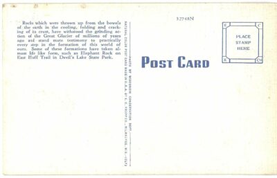 Linen postcard.  Elephant Rock and East Bluff Trail, Devil's Lake State Park, Wisconsin. Boy, dog. - Image 2