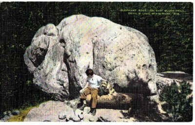 Linen postcard.  Elephant Rock and East Bluff Trail, Devil's Lake State Park, Wisconsin. Boy, dog.
