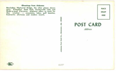 Chrome Postcard.  Natural Bridge, Cheaha State Park, Guntersville Lake, and Rickwood Caverns, Alabama. - Image 2