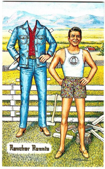 Chrome postcard. Rancher Ronnie, President Ronald Reagan paper doll signed by artist Art Strader, designer Coralie Dixon Sparre.