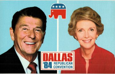 Chrome postcard. President Ronald Reagan and wife, Nancy, Republican National Convention, Dallas, Texas, 1984.