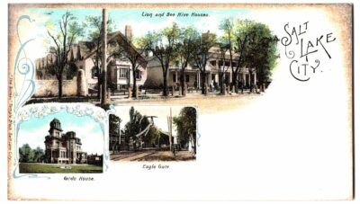 Old postcard.  Lion and Bee Hive Houses, Gardo House, Eagle Gate,  Salt Lake City, Utah.  Undivided back.