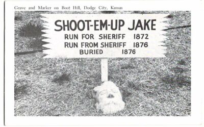 Real Photo Postcard.  Shoot-em-up Jake. Grave and Marker Boot Hill, Dodge City, Kansas.
