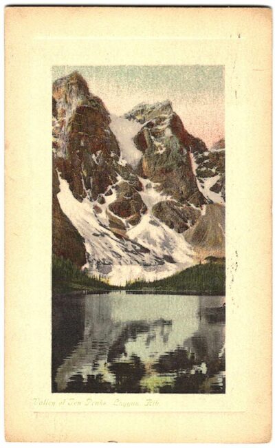 Old postcard.  Valley of Ten Peaks, Laggan, Alberta, Canada. Snow, 1911, embossed.