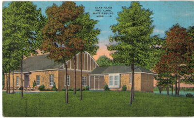 Linen postcard.  Elk's Club and Lake, Hattiesburg, Mississippi.  1945