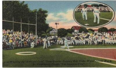 Linen postcard.  Watching the "Kids and Cubs" Three-Quarter Century Ball Clubs, Waterfront Park, St Petersburg, Florida. Baseball Diamond, game, 1953.