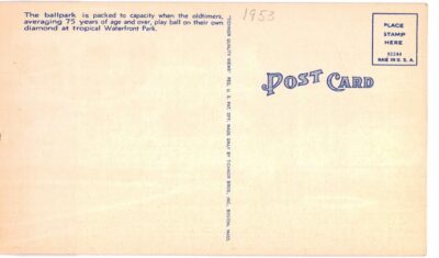 Linen postcard.  Watching the "Kids and Cubs" Three-Quarter Century Ball Clubs, Waterfront Park, St Petersburg, Florida. Baseball Diamond, game, 1953. - Image 2