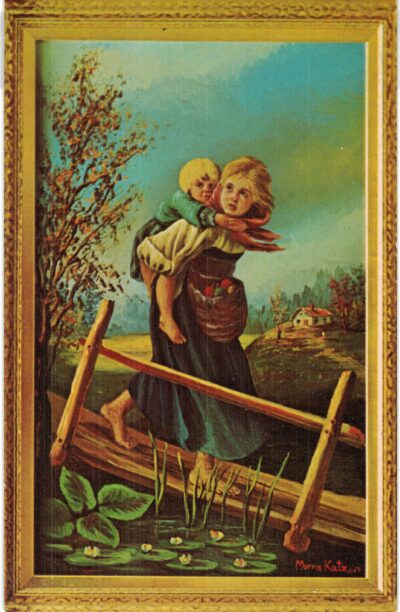 Chrome postcard.  Girl carrying child.  Painting Morris Katz 1967.