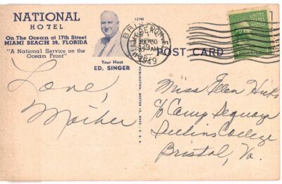 Linen postcard.  National Hotel, Miami Beach, Florida. Host Ed Singer.  1949. - Image 2