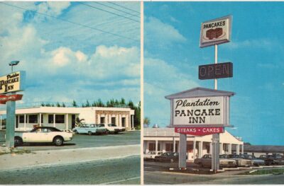 Chrome Postcard.  Plantation Pancake Inn, Naples and Ocala, Florida.