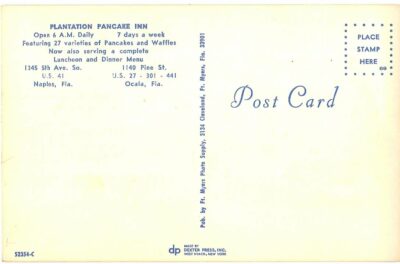 Chrome Postcard.  Plantation Pancake Inn, Naples and Ocala, Florida. - Image 2