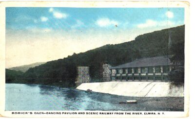 White border postcard.  Roricks's Glen - Dancing Pavilion and Scenic Railway from the river, Elmira, New York.  1920.