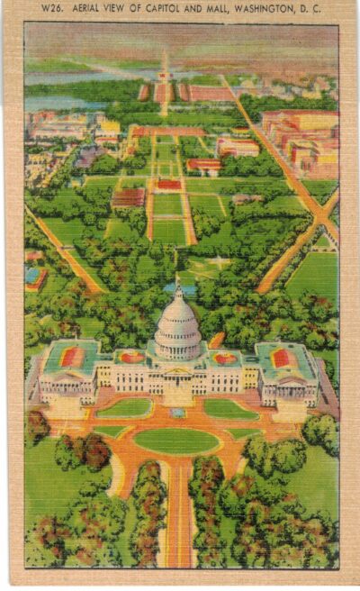 Linen postcard. Aerial view of Capitol and Mall, Washington DC.