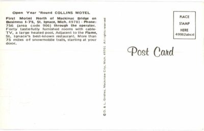 Chrome postcard.  Collins Motel, St Ignace, Michigan.  Snowmobiles, pool, guest room. - Image 2
