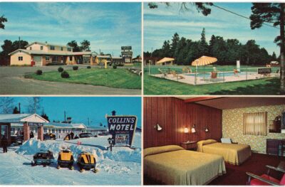 Chrome postcard.  Collins Motel, St Ignace, Michigan.  Snowmobiles, pool, guest room.