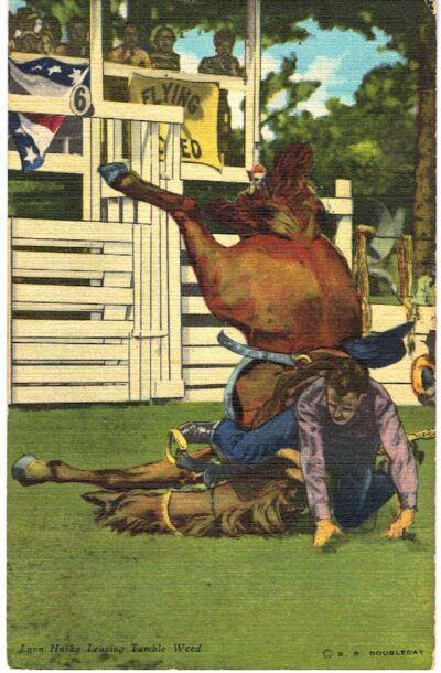 Linen postcard.  Lynn Husky leaving Tumble Weed. Horse, rider, cowboy, rodeo.