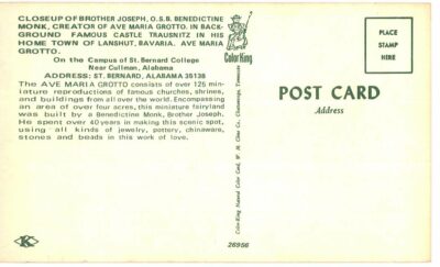 Chrome postcard.  Brother Joseph OSB Benedictine Monk, creator of Ave Maria Grotto. Castle Trausnitz, St Bernard College, Cullman, Alabama. - Image 2