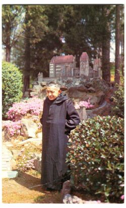 Chrome postcard.  Brother Joseph OSB Benedictine Monk, creator of Ave Maria Grotto. Castle Trausnitz, St Bernard College, Cullman, Alabama.