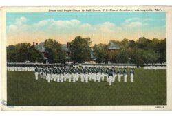 Linen postcard.  Drum and Bugle Corps in Full Dress, US Naval Academy, Annapolis, Maryland.  Midshipmen. 1939.