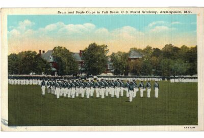 Linen postcard.  Drum and Bugle Corps in Full Dress, US Naval Academy, Annapolis, Maryland.  Midshipmen. 1939.