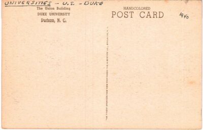 Old Postcard.  The Union Building, Duke University, Durham, North Carolina.  Handcolored 1940. - Image 2
