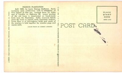 Chrome postcard.  Frances Plantation, Franklin, Louisiana. - Image 2