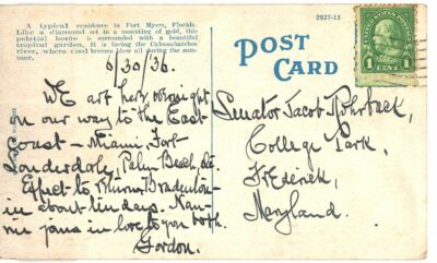 White border postcard.  Italian Villa, Fort Myers, Florida.  1936. - Image 2