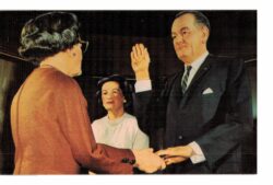 Chrome postcard.  Swearing in of Lyndon B Johnson as President, by Judge Sarah Hughes with Mrs Johnson.  Southwestern Wax Museum, State Fair Park, Dallas, Texas.