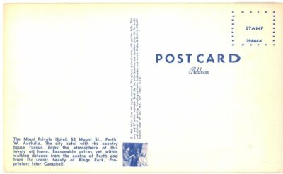 Chrome postcard.  Mount Private Hotel, Perth, Australia.  Painting Morris Katz 1968. - Image 2