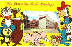 Chrome postcard.  Kellogg Company, Battle Creek, Michigan.  The Best to you each morning.  Yogi Bear, Huckleberry Finn, Quickdraw McGraw, Tony the Tiger.