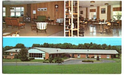 Chrome postcard. Presbyterian Homes of Central Pennsylvania, Sycamore Manor Convalescent and Rehabilitation Center, Montoursville, PA. Emily Stephens, Administrator. 1973.