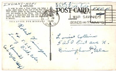 Postcard. In Hopiland.   Family climbing ladder, baby, women, child. Hopi Indians. 1943. - Image 2