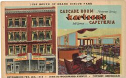 Linen postcard.  Cascade Room, Kartsen's Cafeteria, Detroit, Michigan.