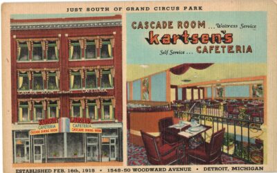 Linen postcard.  Cascade Room, Kartsen's Cafeteria, Detroit, Michigan.
