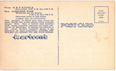Linen postcard.  Cascade Room, Kartsen's Cafeteria, Detroit, Michigan. - Image 2