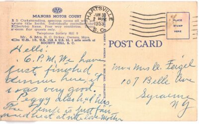 Linen postcard. Manors Motor Court, Society Hill South Carolina. Owners & Managers Mr & Mrs H C Dickey, 1953. - Image 2