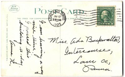White border postcard.  F W Miller Residence, Ashland, Ohio. 1923. - Image 2