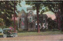 Old postcard.  Residence of Vice-President James S Sherman, Genesee Street, Utica, New York. Old car, 1910.