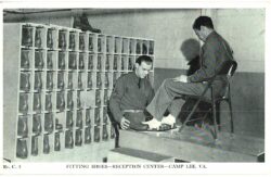 Postcard.  Fitting shoes, Reception Center, Camp Lee, Virginia. Army.