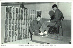 Postcard.  Fitting shoes, Reception Center, Camp Lee, Virginia. Army.