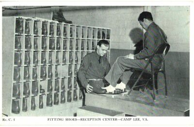 Postcard.  Fitting shoes, Reception Center, Camp Lee, Virginia. Army.