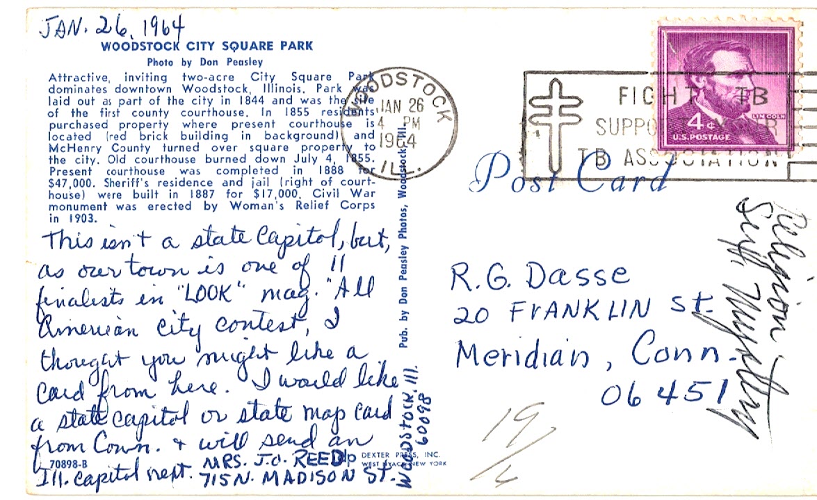 Chrome postcard. Woodstock City Square Park, Woodstock, Illinois.  1964. - Image 2