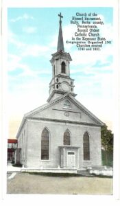 White border postcard.  Church of the Blessed Sacrament, Bally, Berks County, Pennsylvania. Catholic.