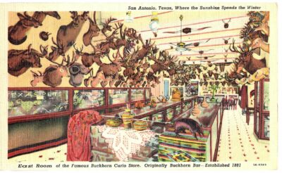 Linen postcard.  East Room Buckhorn Curio Store, Buckhorn Bar, San Antonio, Texas, 1941.