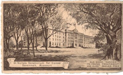 White border postcard.  Dr Nichols Sanatorium for Cancer, Savannah, Missouri. 1938.