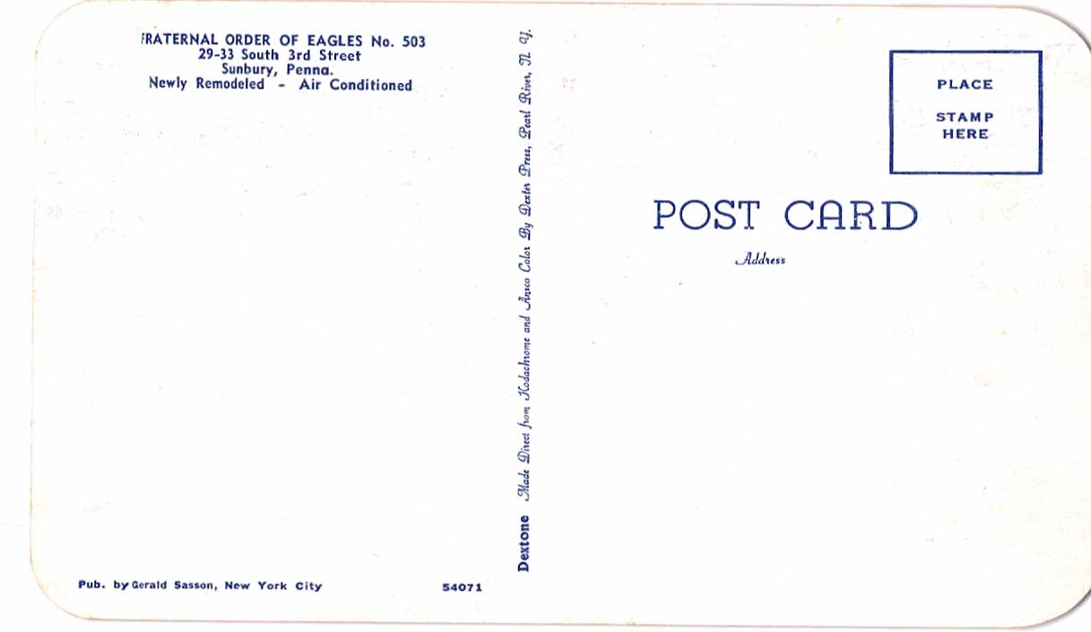 Chrome postcard. Fraternal Order of Eagles, Sunbury, Pennsylvania. - Image 2