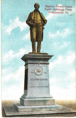 Old postcard. Stephen Girard Statue, Public Buildings Plaza, Philadelphia, Pennsylvania.
