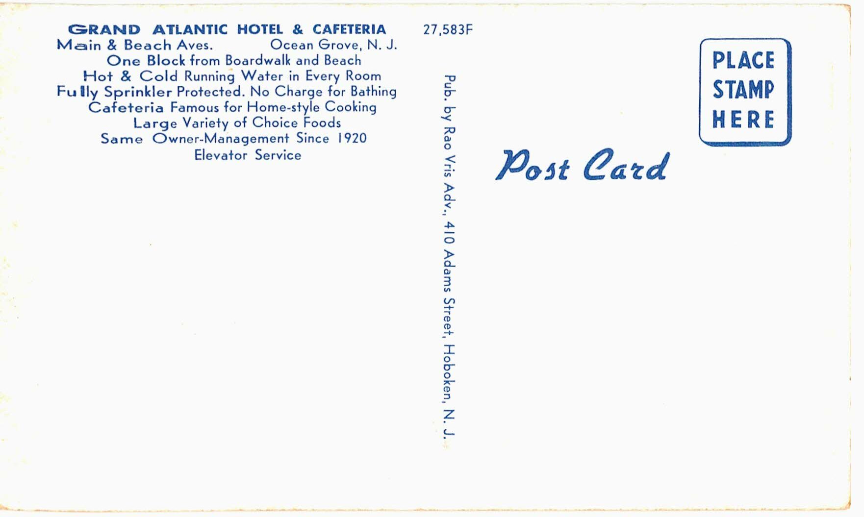 Chrome postcard, Grand Atlantic Hotel and Cafeteria, Ocean Grove, New Jersey. - Image 2