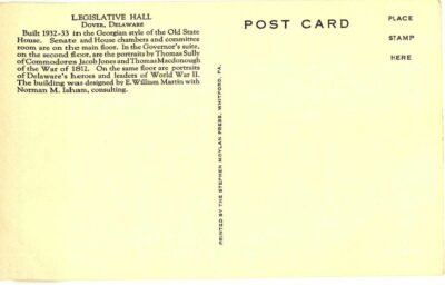Postcard.  Legislative Hall, Dover, Delaware. Sketch, drawing signed by H T MacNeill. 1955. - Image 2