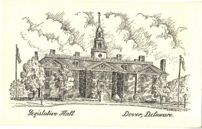 Postcard.  Legislative Hall, Dover, Delaware. Sketch, drawing signed by H T MacNeill. 1955.